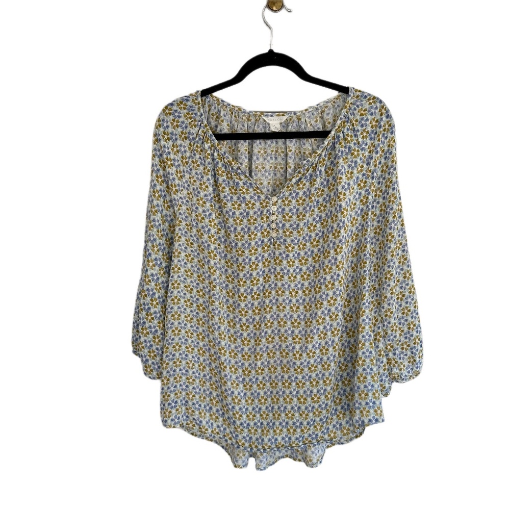 Caslon blue yellow floral peasant blouse